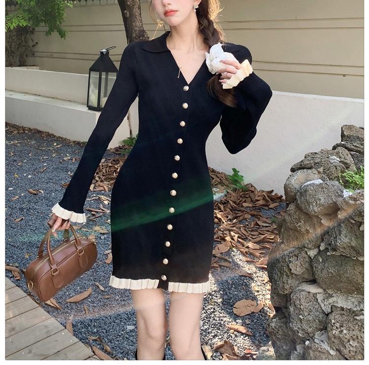 Womens Button-Front Knit Mini Dress Elegant V-neck Slim Long Sleeve Cardigan